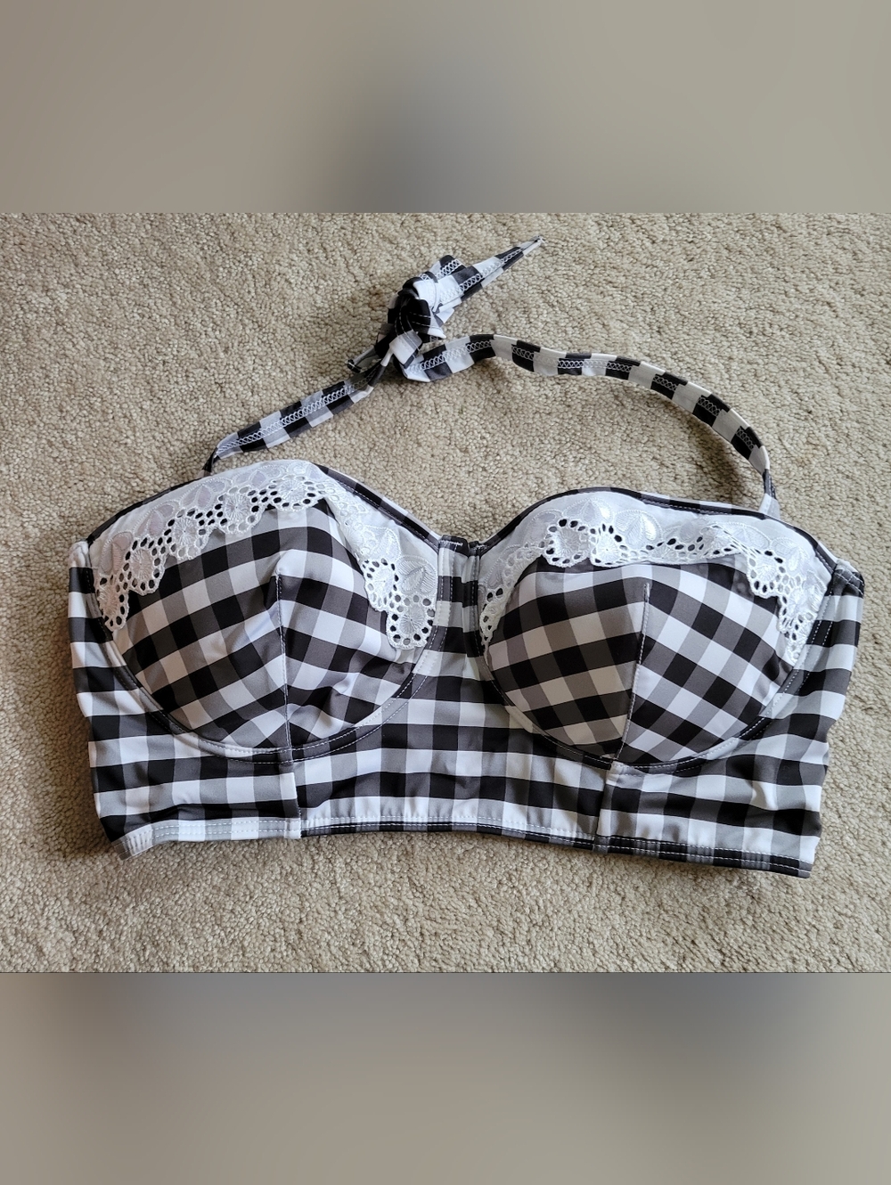 Modcloth Black White Gingham Lace Swim Bikini Top New Sz XL